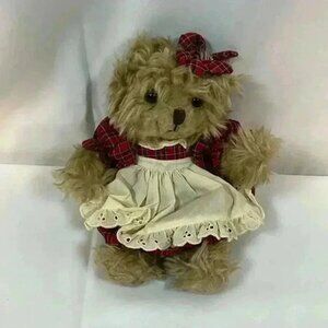 RUSS BERRIE BRITTANY JR. BEAR RED TARTAN‎ PLAID DRESS W/APRON BOW 8" PLUSH TOY